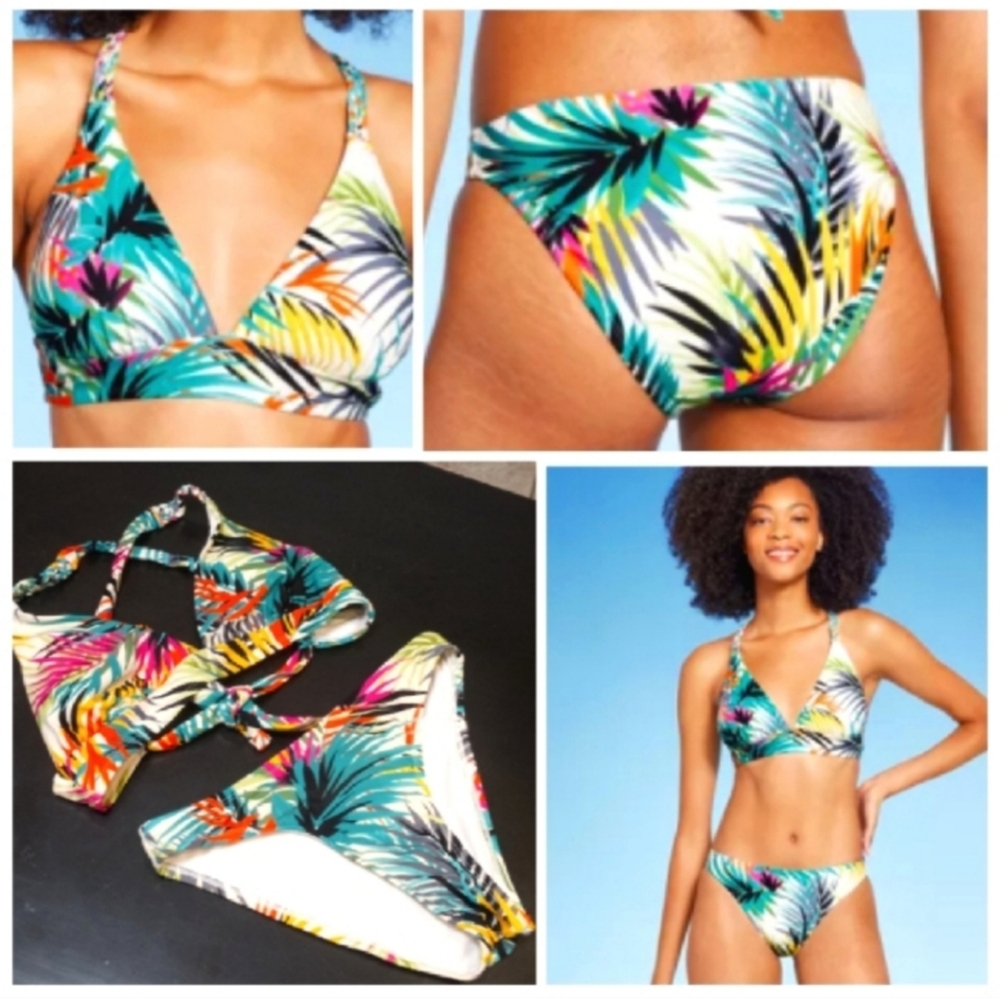 New Bikini Braided Strap Triangle Longline Bikini Top Low Rise Cheeky Bottom Med
